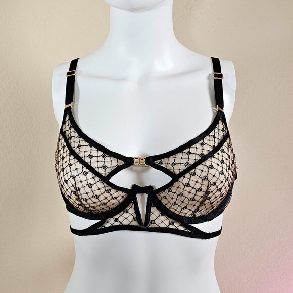 Honey Birdette Angela Black Underwire Bra with Monogram Embroidery Size 34D - Picture 1 of 9